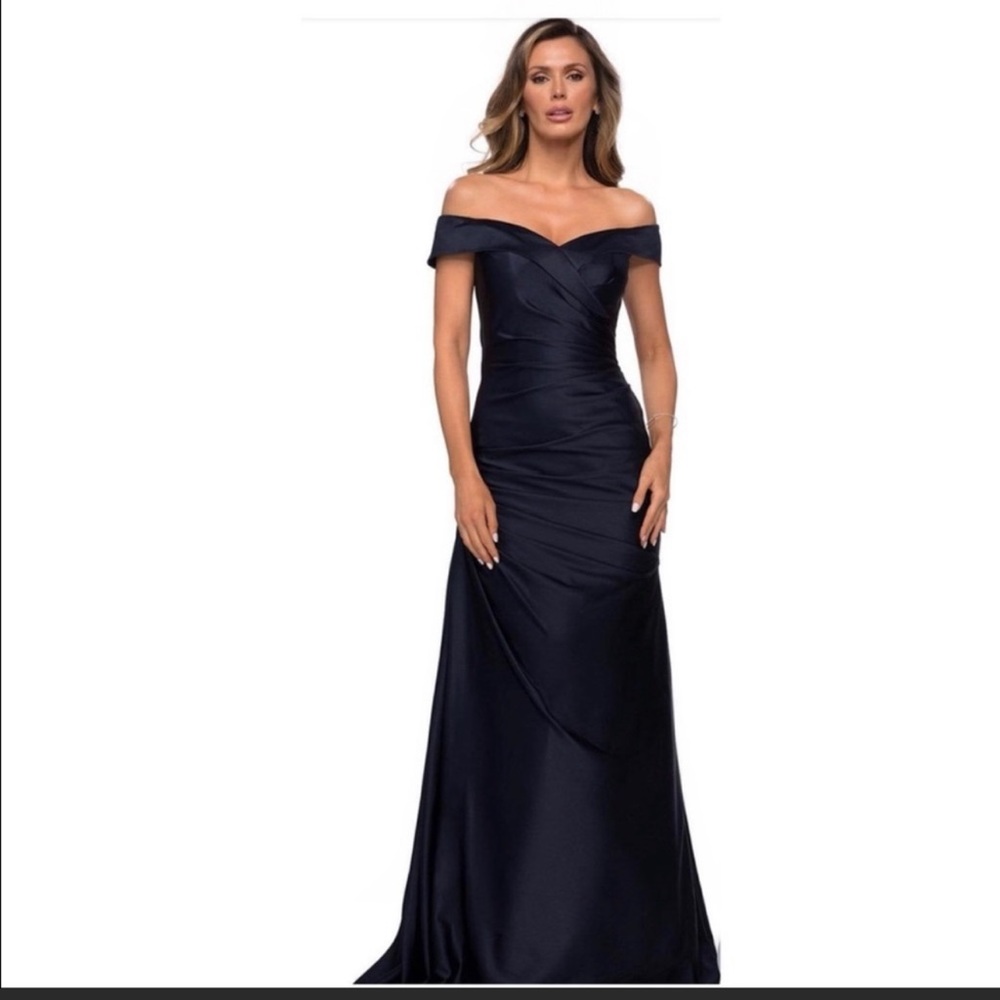 La Femme 28103 Off the Shoulder Ruched Satin Trumpet Gown Navy Women's 16